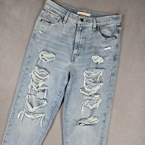 Levis High Waisted Mom Jeans Womens 29‎ Blue Distressed Ripped Denim 100% Cotton